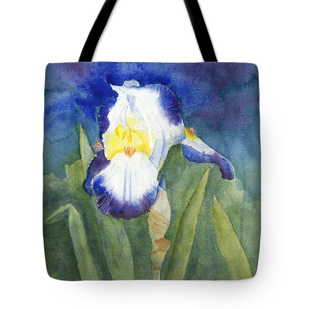 Iris Tote Bag featuring the painting Glowing Evening Iris Watercolor #2 by Conni Schaftenaar