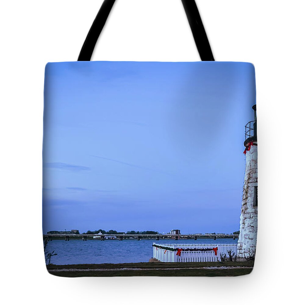 Goat Island Lighthouse Dressed For The Holidays Tote Bag featuring the photograph Goat Island Lighthouse dressed for the Holidays #3 by Christina McGoran
