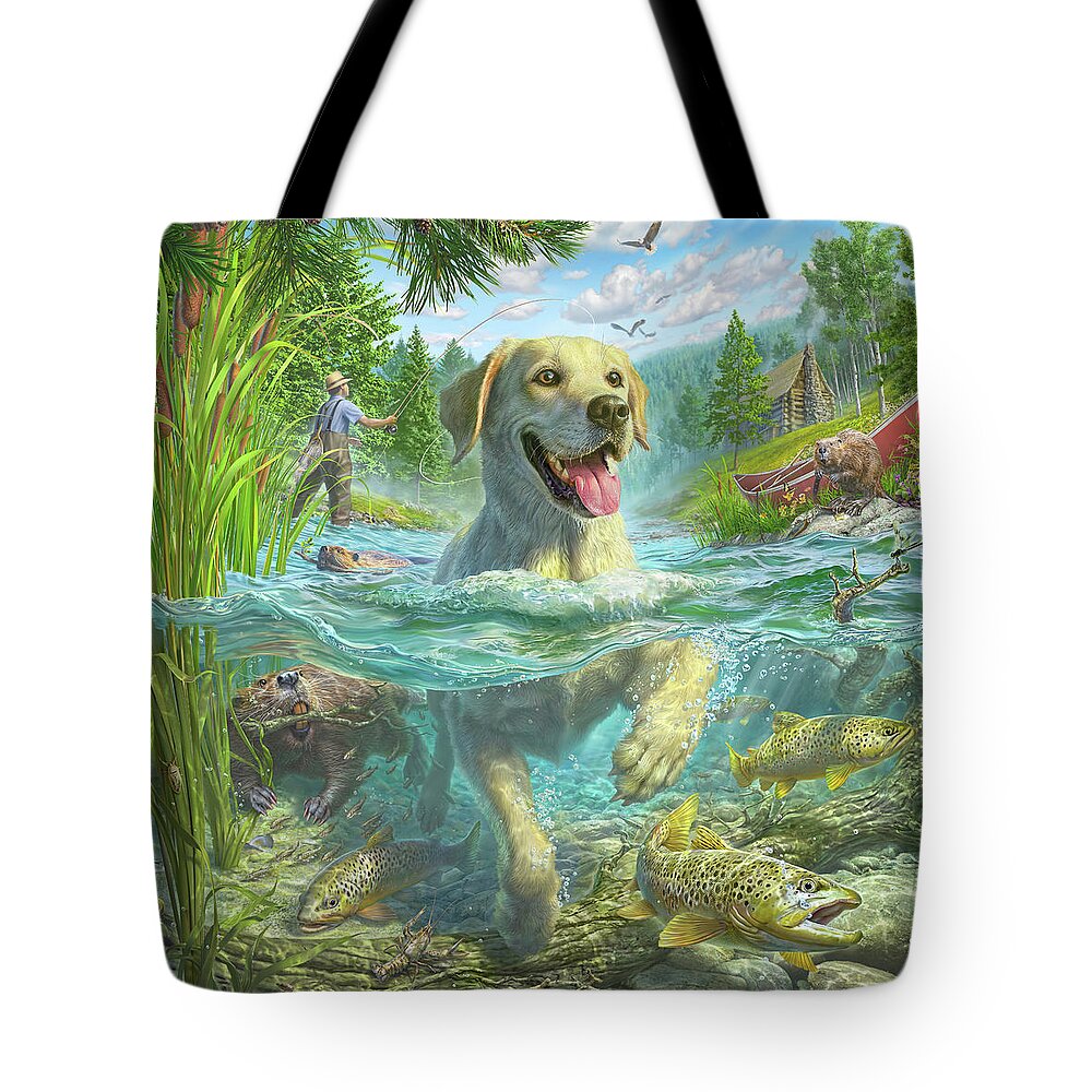 Yellow Lab Tote Bag featuring the digital art Gone Fishing #1 by Mark Fredrickson