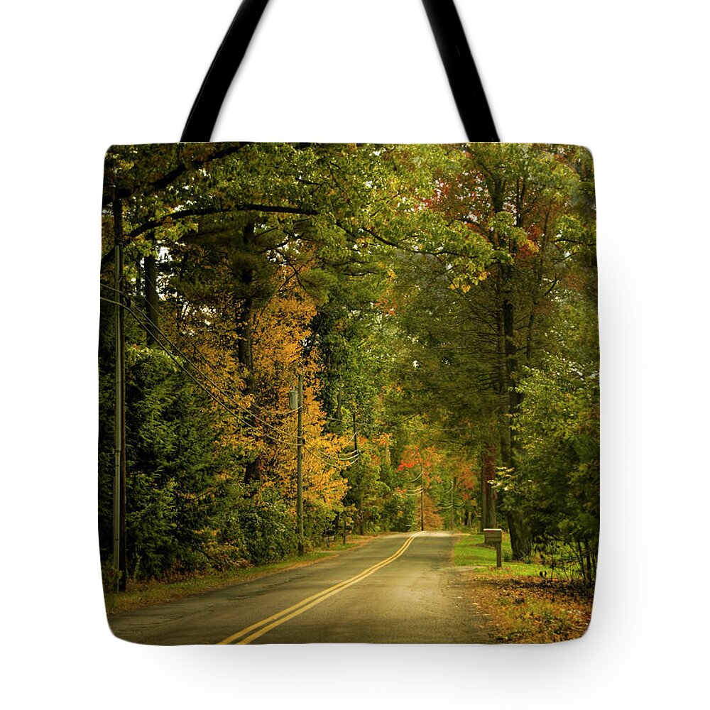 New England Tote Bag featuring the photograph Granby, Massachusetts road in autumn #1 by Cordia Murphy