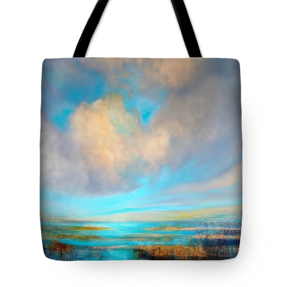 Sun Tote Bag featuring the painting Happiness - soft clouds over a blue water #1 by Annette Schmucker