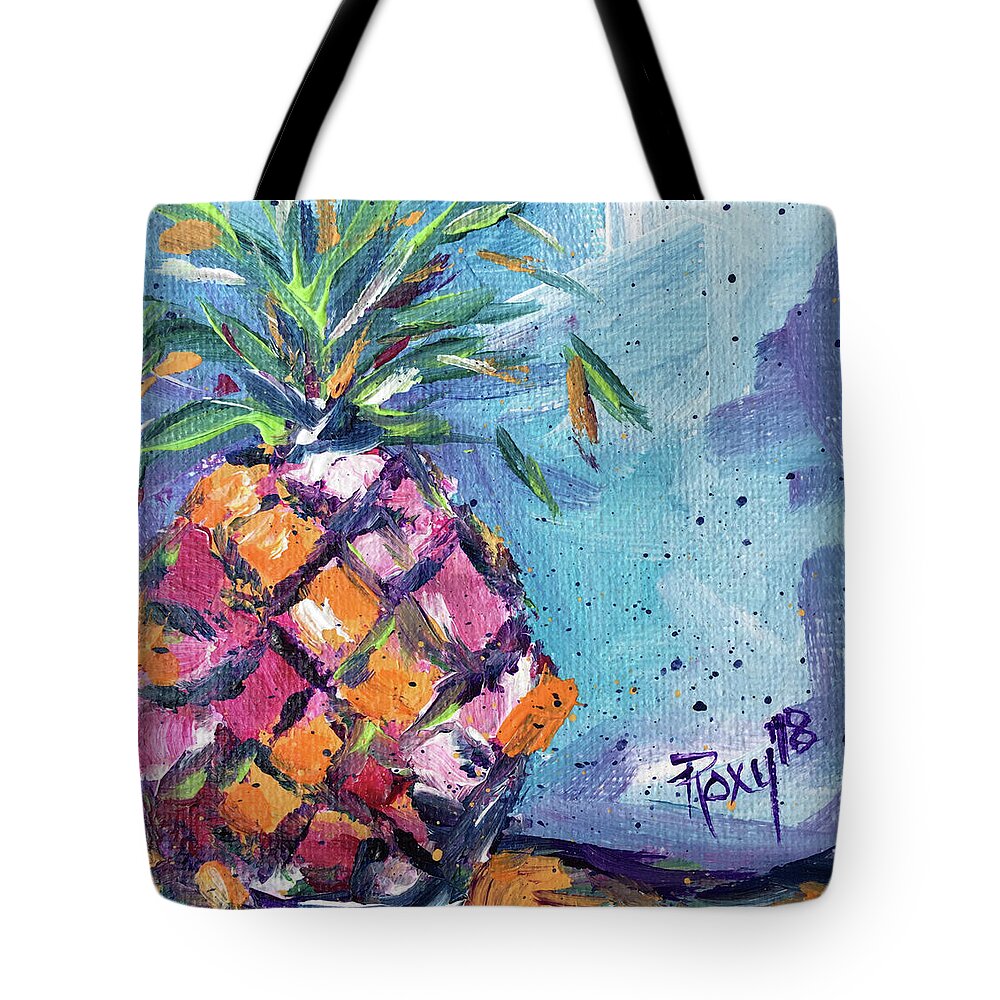 Pineapple Tote Bag featuring the painting Happy Pineapple by Roxy Rich