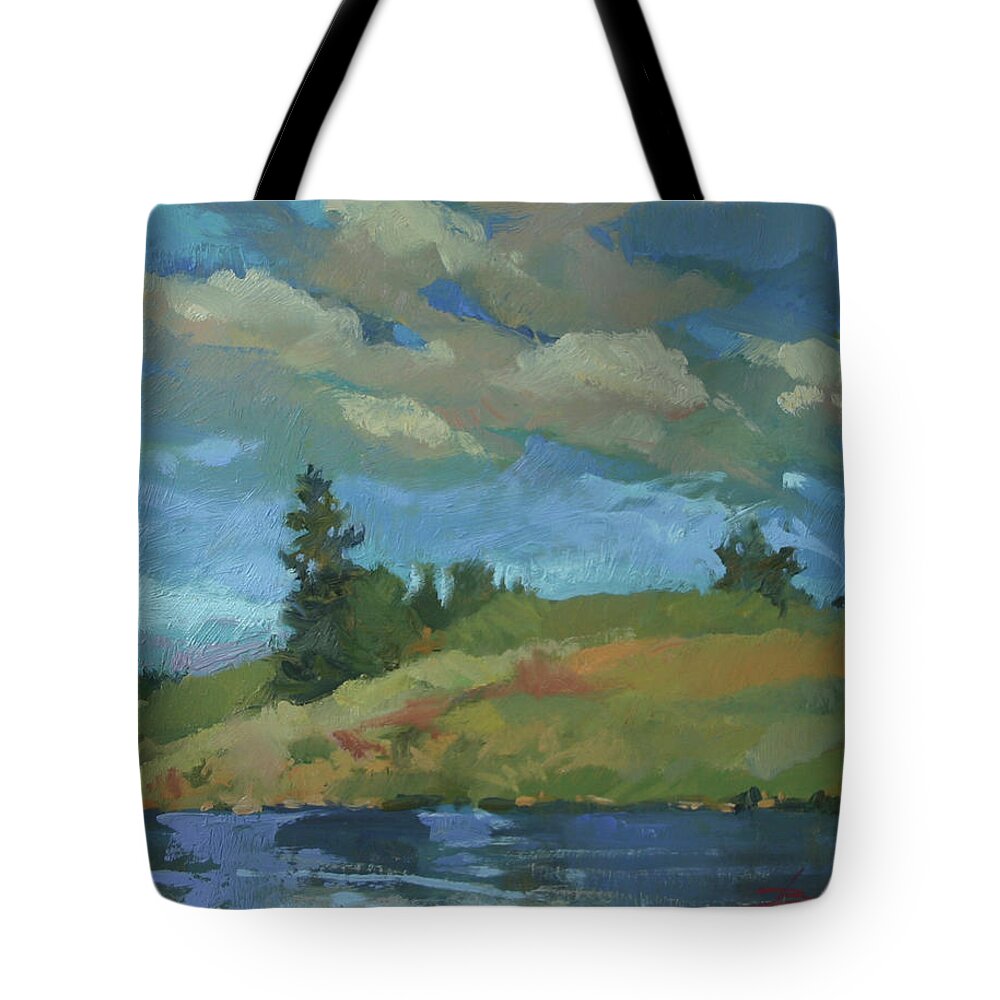 Plein Air Landscape Tote Bag featuring the painting HayPress Lake by Elizabeth J Billups