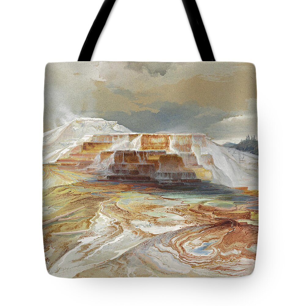 Thomas Moran Tote Bag featuring the drawing Hot Springs of Gardiner's River, Yellowstone #1 by Thomas Moran