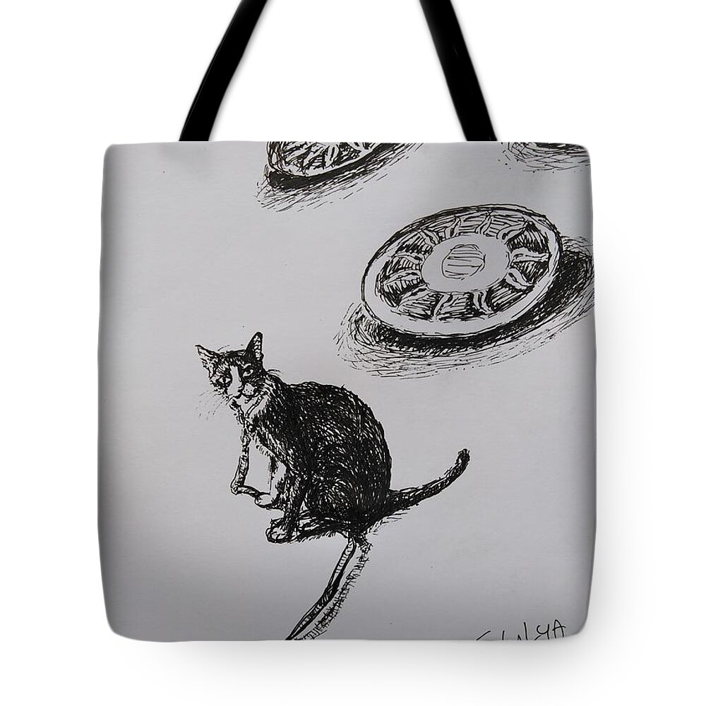 Drawing Tote Bag featuring the drawing 1 Hr., In Prison Of a Noughty Cat On a Sunny Day by Sukalya Chearanantana