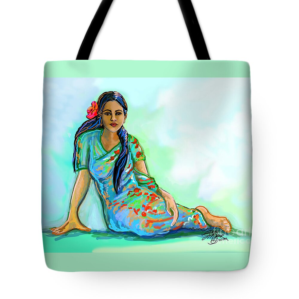 Indian Woman With Sari Tote Bag featuring the digital art Indian Woman With Flower by Stacey Mayer