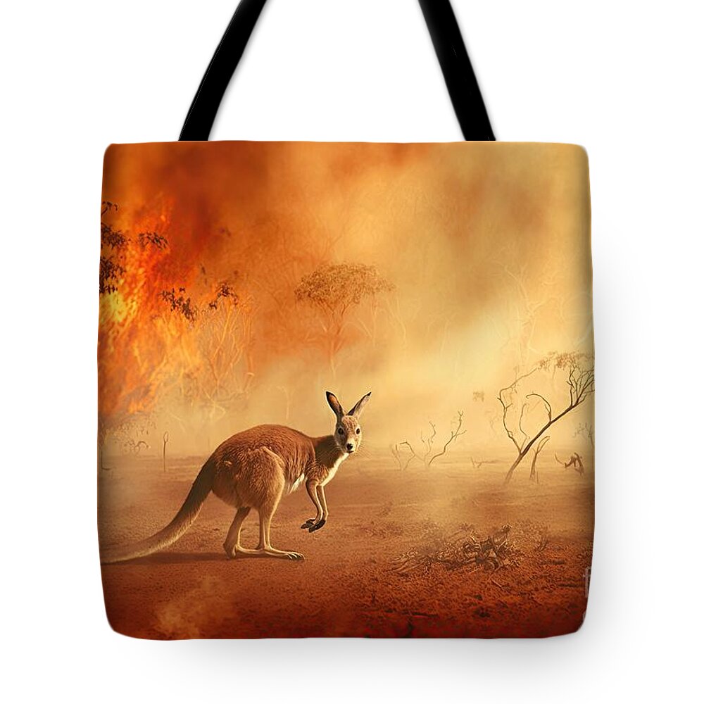 Australia Tote Bag featuring the digital art Kangaroo escaping from Australian bushfires #1 by Benny Marty