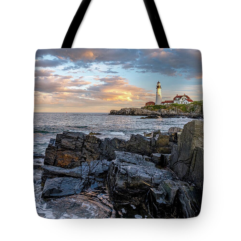 Barrier Tote Bag featuring the photograph Last Light At Portland Head. by Jeff Sinon