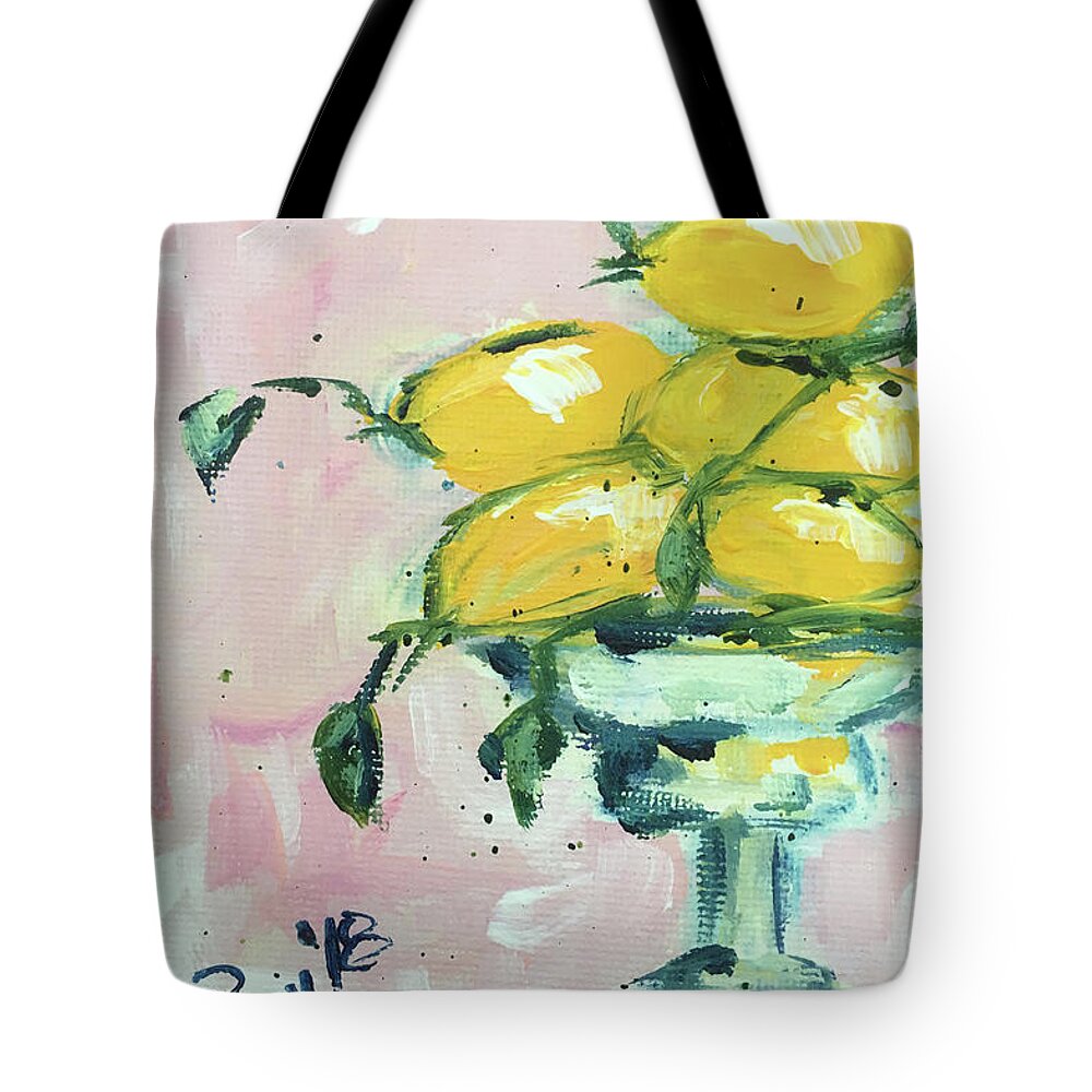 Lemon Tote Bag featuring the painting Lemon Pedestal by Roxy Rich