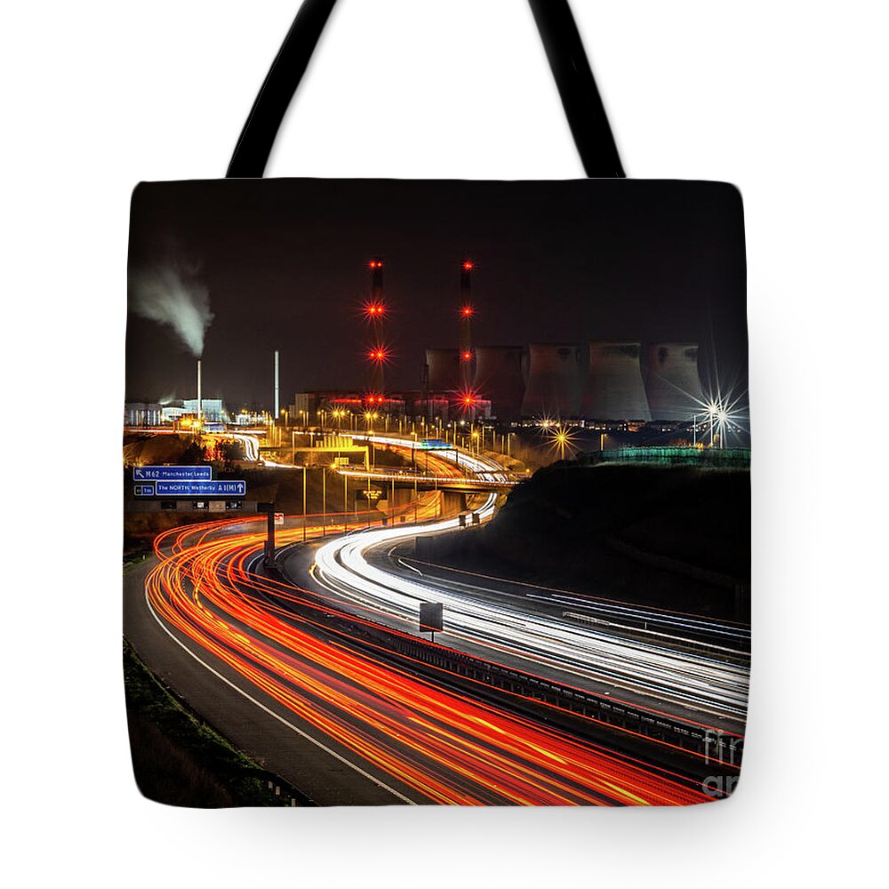 England Tote Bag featuring the photograph Light trails and Ferrybridge Power Station #1 by Mariusz Talarek