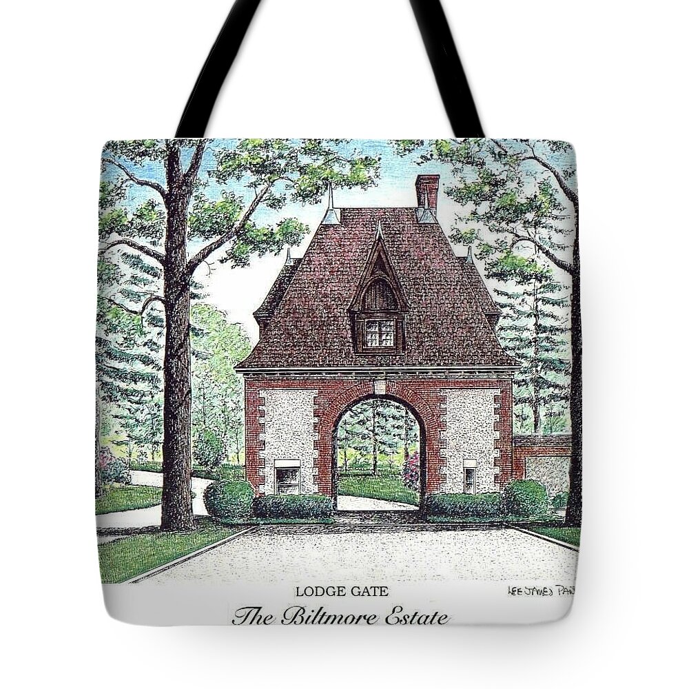 Biltmore Estate Tote Bag featuring the drawing Lodge Gate at Biltmore Estate #1 by Lee Pantas