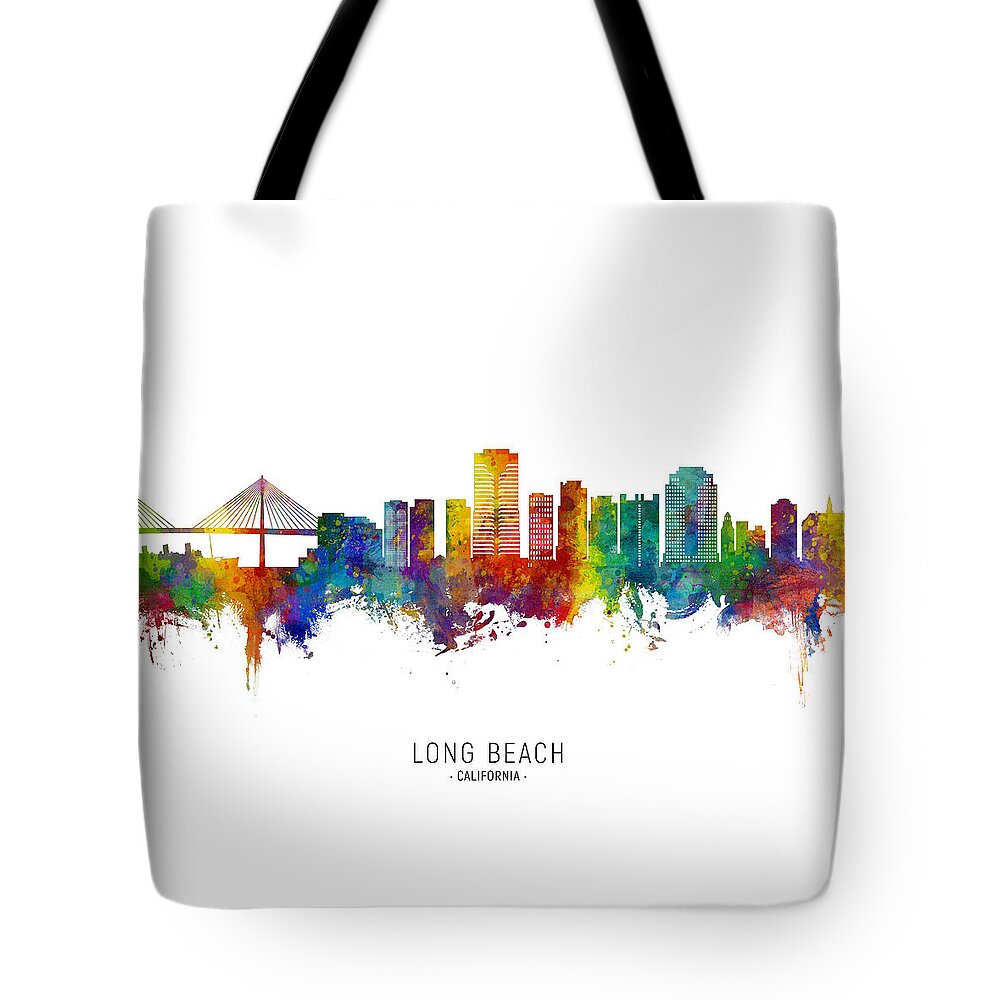 Long Beach Tote Bag featuring the digital art Long Beach California Skyline #1 by Michael Tompsett