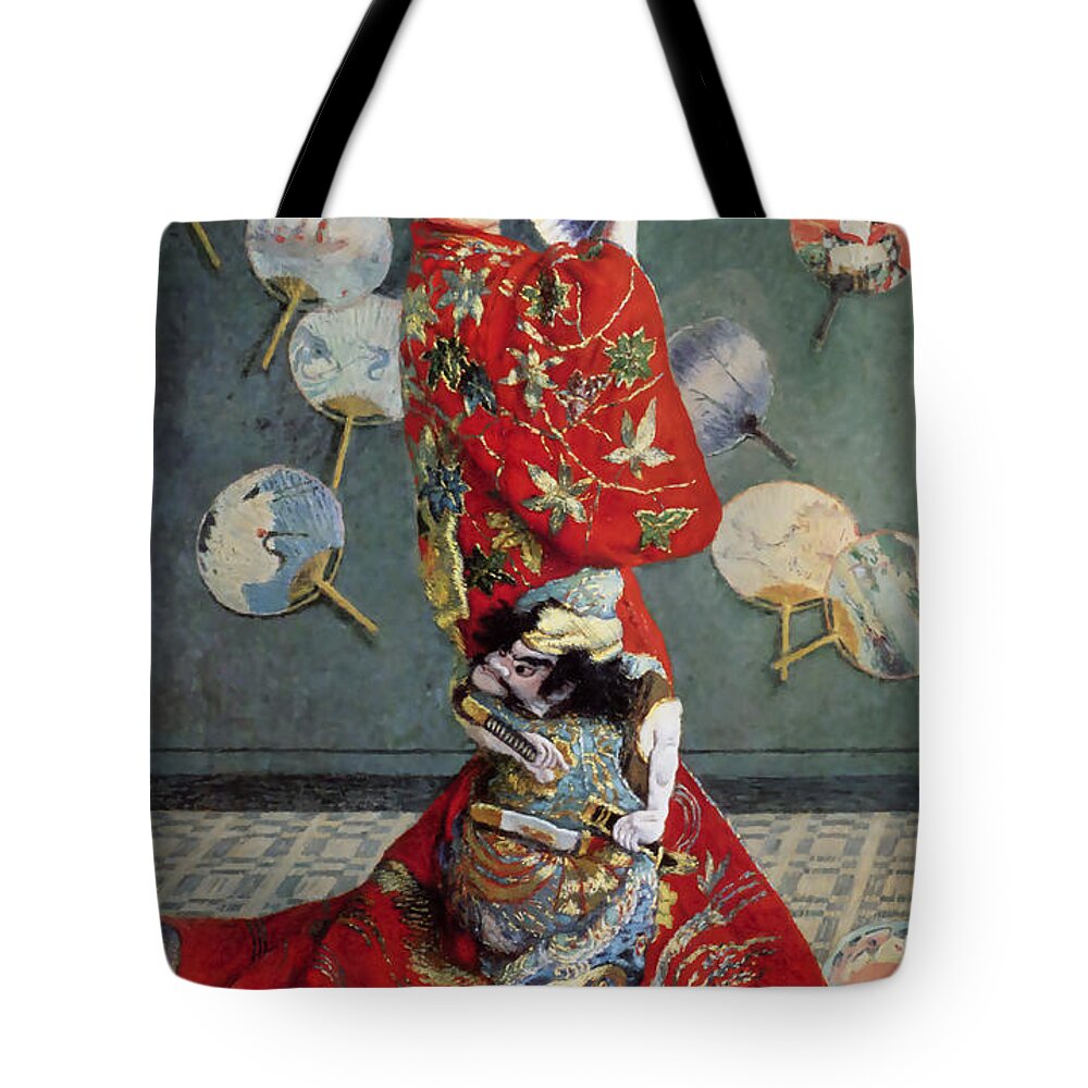Claude Monet Tote Bag featuring the painting Madame Monet in Japanese costume by Claude Monet by Mango Art