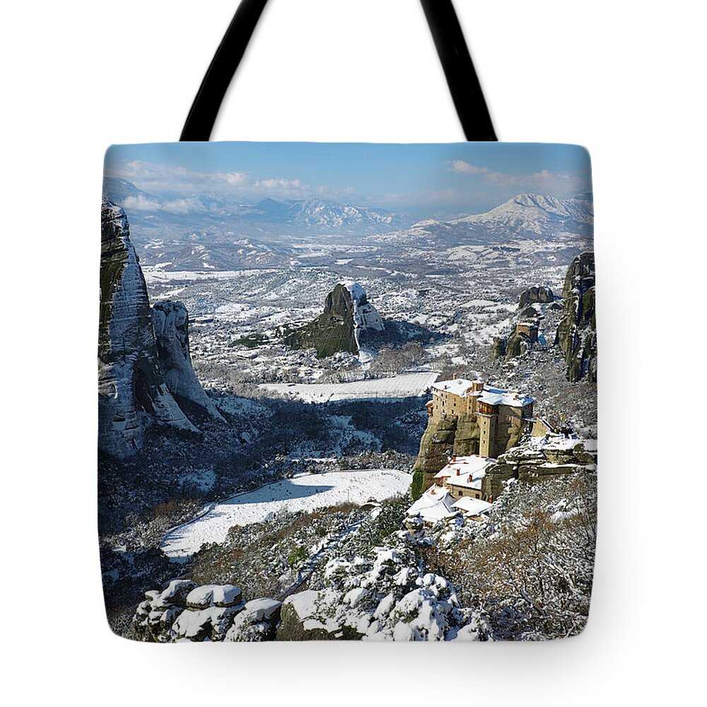 Meteora Tote Bag featuring the photograph Meteora in winter #1 by Sean Hannon