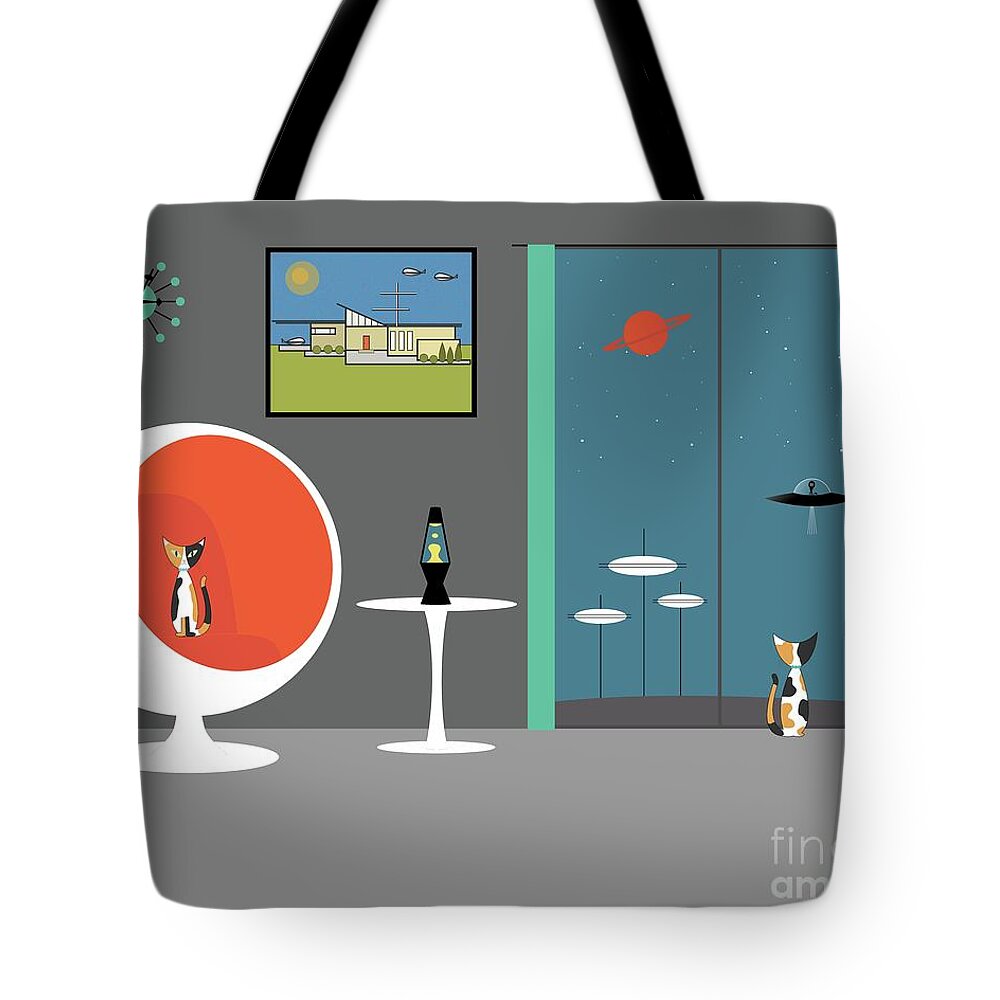 Mid Century Modern Tote Bag featuring the digital art Mid Century Cat Spies Flying Saucer by Donna Mibus