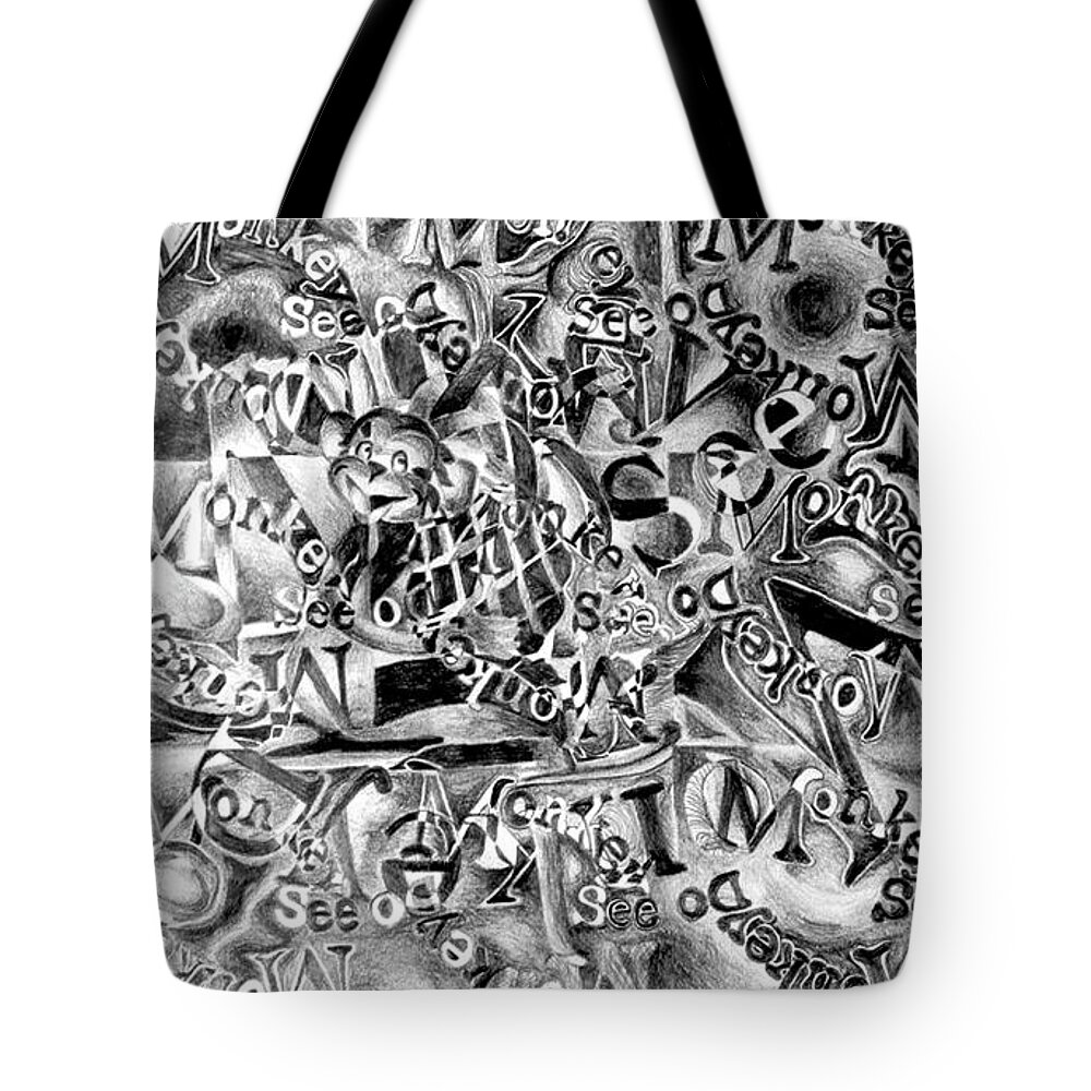 Monkey Pencil Drawing Pineapple Black White Tote Bag featuring the drawing Monkey See Monkey DO by Kasey Jones