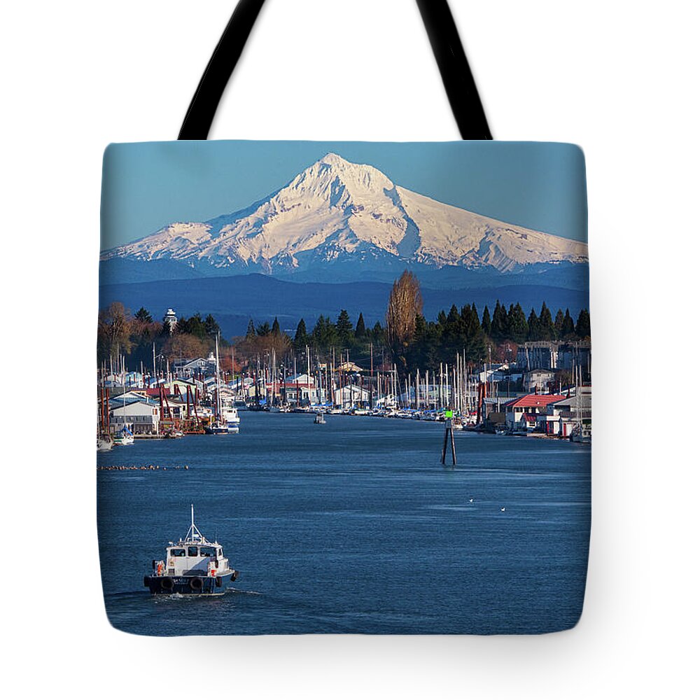 Portland Tote Bag featuring the photograph Mt. Hood From Hayden Island Bridge by Patrick Campbell
