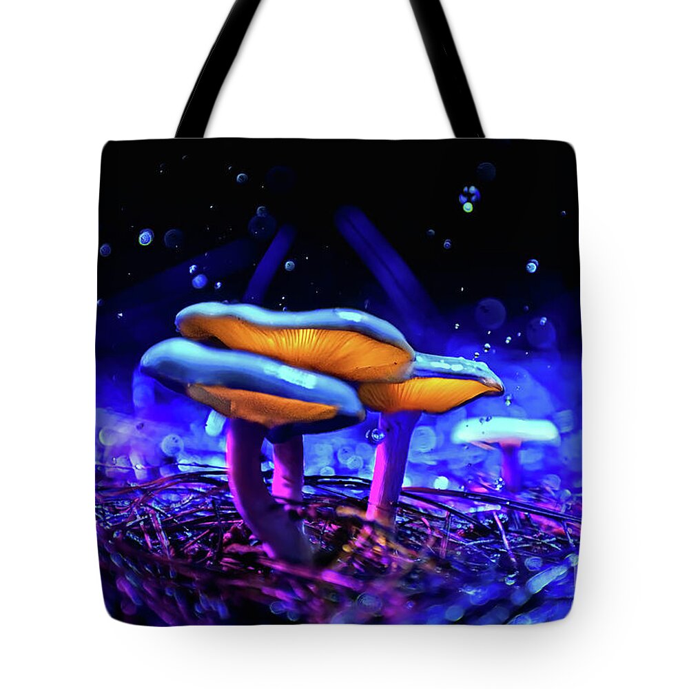 Nature Tote Bag featuring the photograph Glowing Mushroom 24 by Benny Woodoo