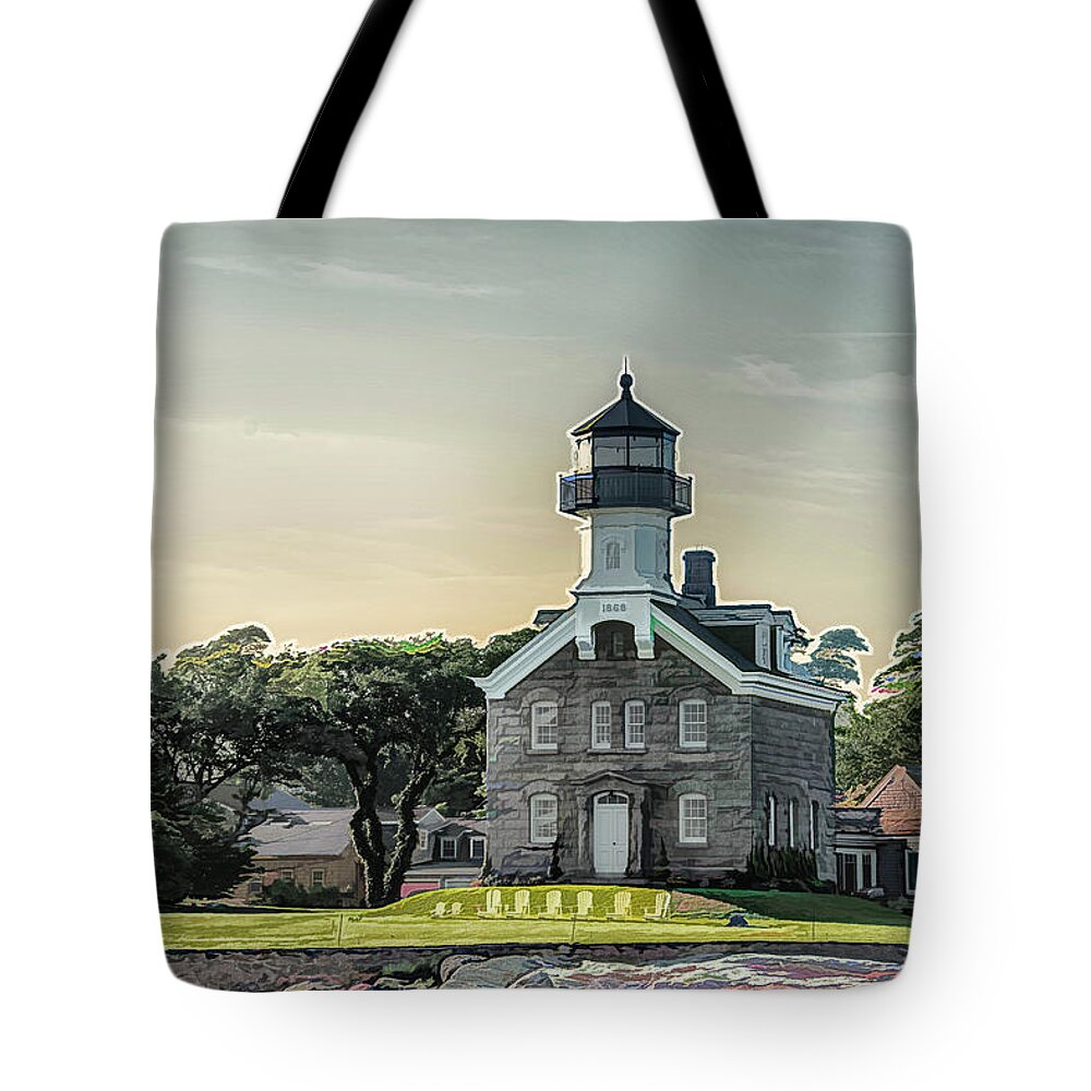 Morgan Point Lighthouse Tote Bag featuring the photograph Mystic River Morgan Light House at Sunset #1 by Alan Goldberg