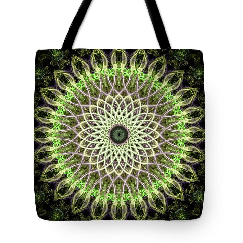Mandala Tote Bag featuring the digital art Neon green mandala #1 by Jaroslaw Blaminsky
