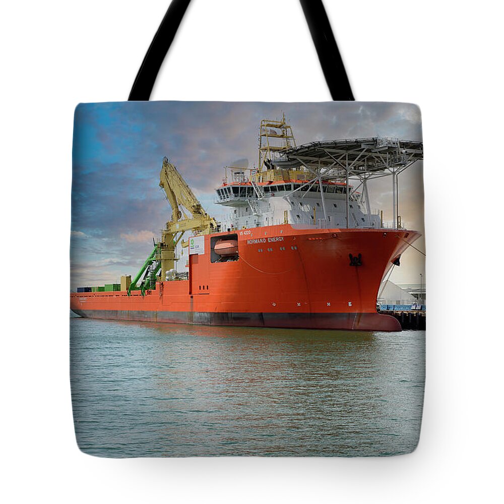 Normand Energy Tote Bag featuring the photograph Normand Energy pipe laying vessel #1 by Chris Smith