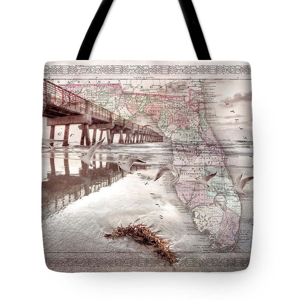Antique Tote Bag featuring the photograph Ocean Pier Beachhouse Vintage Map Seascape #1 by Debra and Dave Vanderlaan
