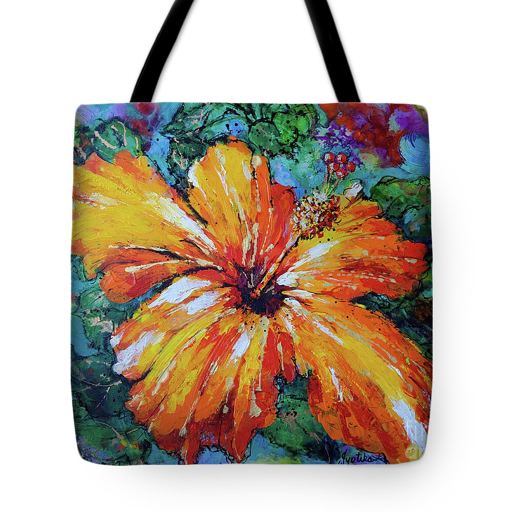 Orange Hibiscus Tote Bag featuring the painting Orange Hibiscus by Jyotika Shroff