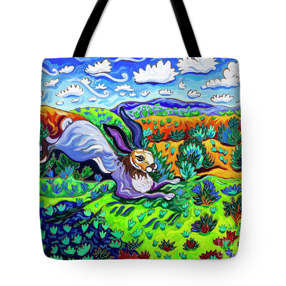 Santa Fe Paintings Tote Bag featuring the painting Out Where the Lean Jack Hops Along #1 by Cathy Carey
