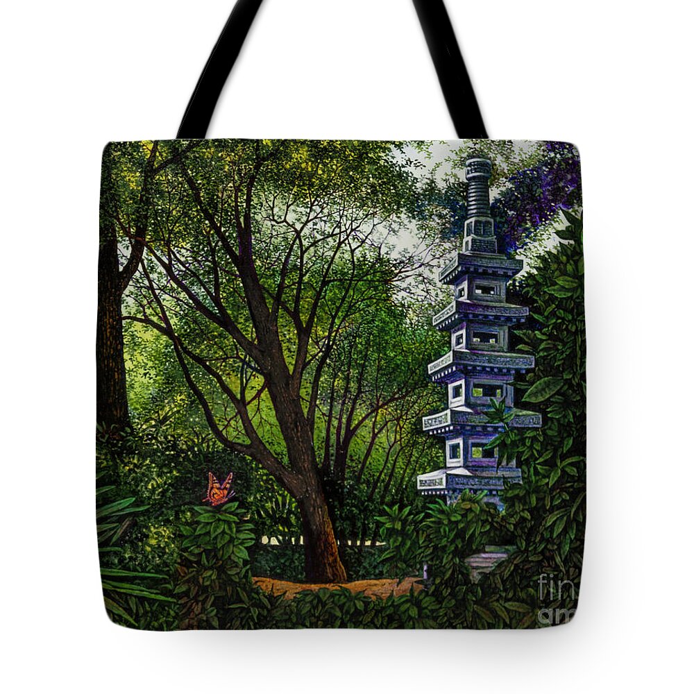 Pagoda Tote Bag featuring the painting Pagoda #1 by Michael Frank