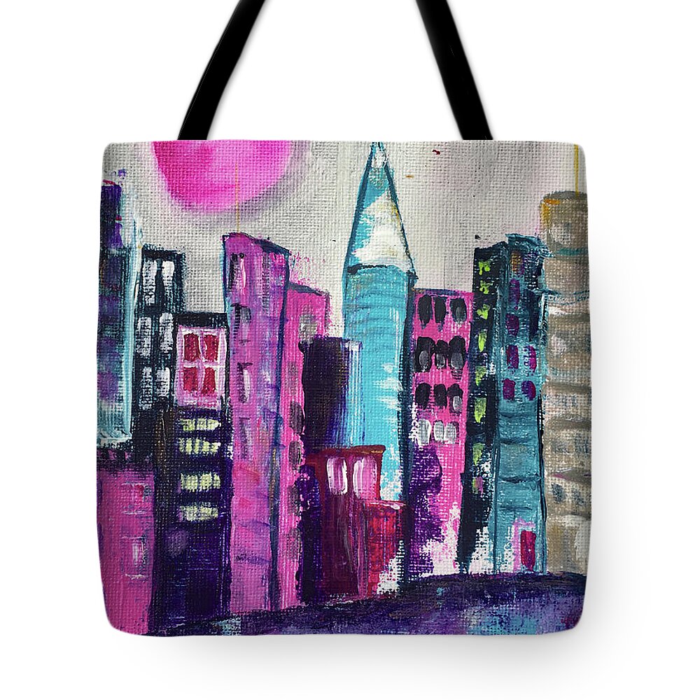 City Tote Bag featuring the painting Pink Moon City by Roxy Rich