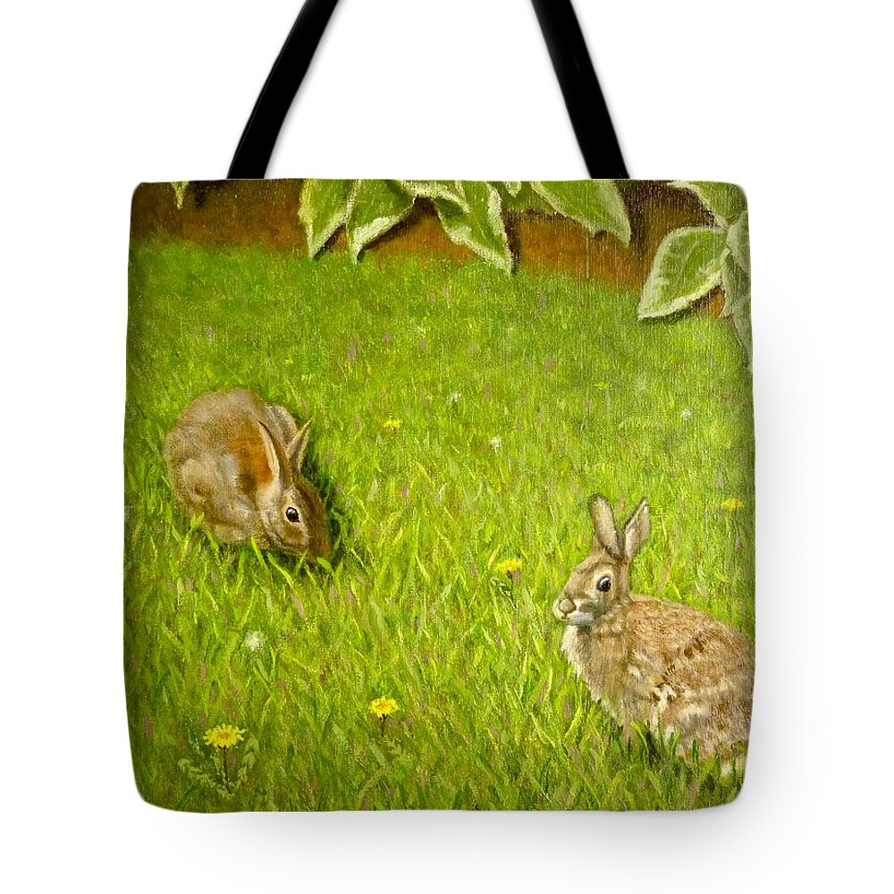Rabbits Tote Bag featuring the painting In a Corner of my Garden by Joe Bergholm