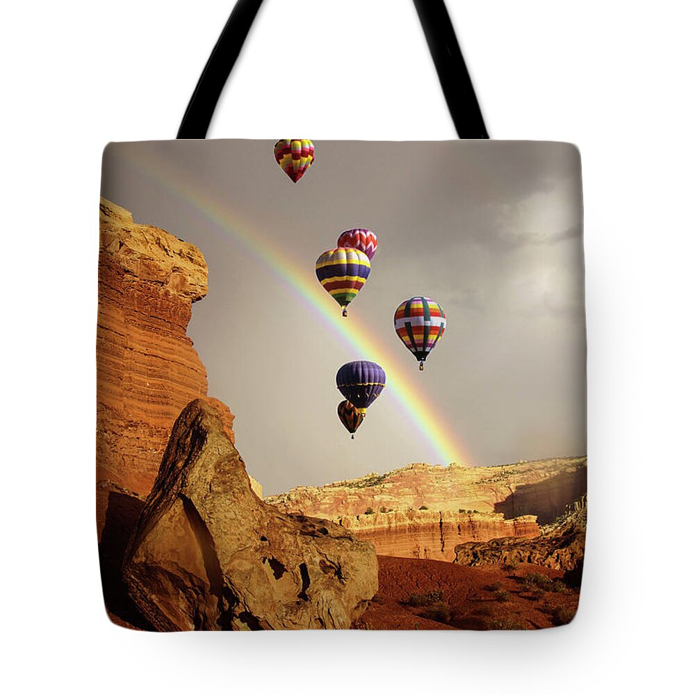 New Mexico Tote Bag featuring the photograph Rainbow and brief dramatic sunshine #1 by Steve Estvanik