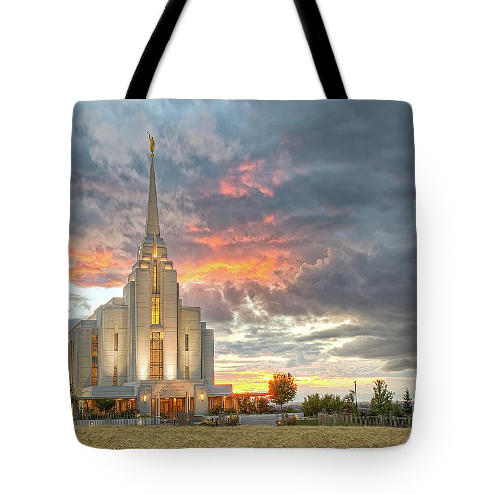 Cathedral Tote Bag featuring the photograph Rexburg Idaho Temple Harvest Sunset #1 by Bret Barton