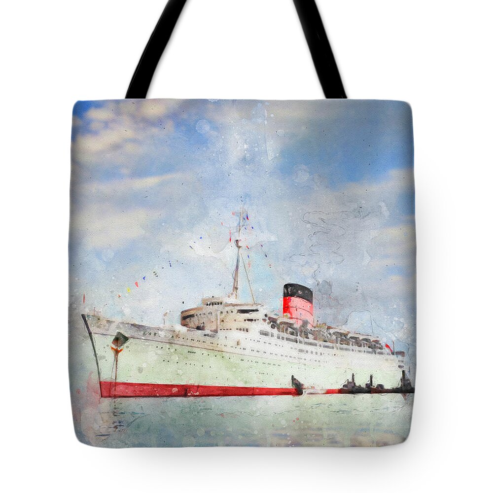Steamer Tote Bag featuring the digital art R.M.S. Caronia by Geir Rosset