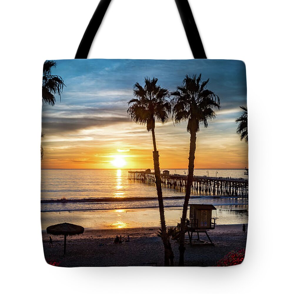 Beach Tote Bag featuring the photograph San Clemente Pier at Sunset by David Levin