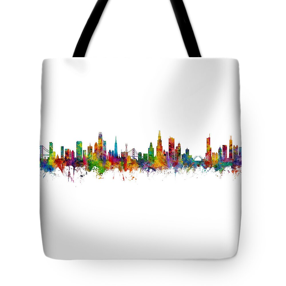 Chicago Tote Bag featuring the digital art San Francisco and Chicago Skyline Mashup #1 by Michael Tompsett