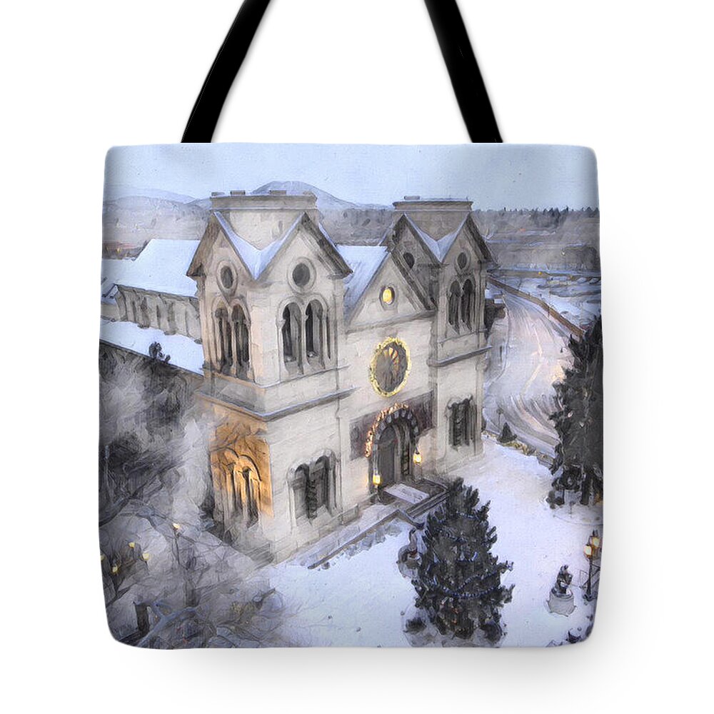 Church Tote Bag featuring the digital art Santa Fe Cathedral by Aerial Santa Fe