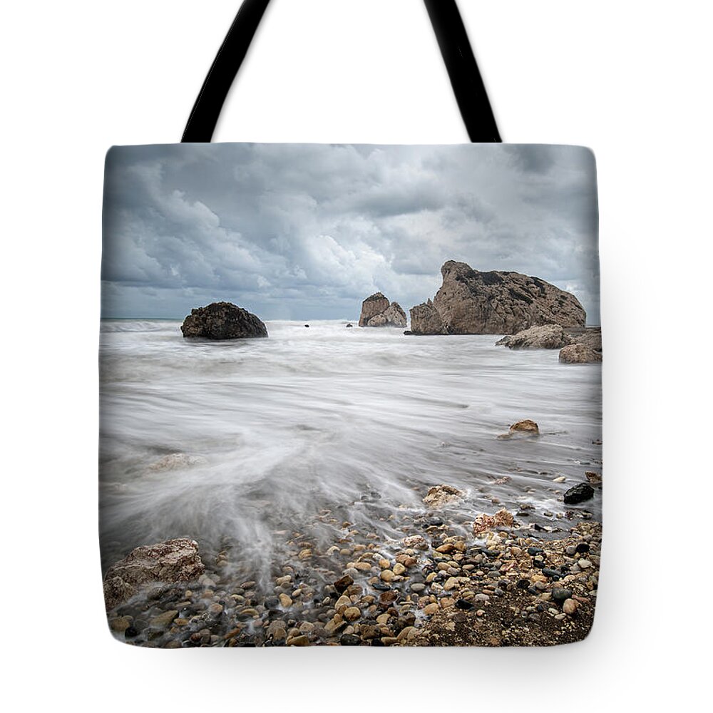 Sea Waves Tote Bag featuring the photograph Seascape with windy waves during stormy weather on a rocky coast by Michalakis Ppalis