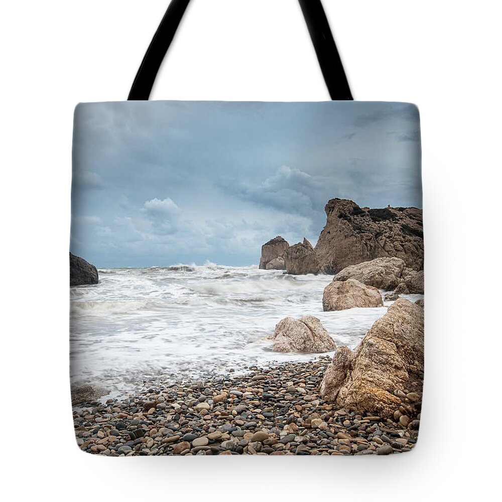 Paphos Tote Bag featuring the photograph Seascapes with windy waves. Rock of Aphrodite Paphos Cyprus by Michalakis Ppalis