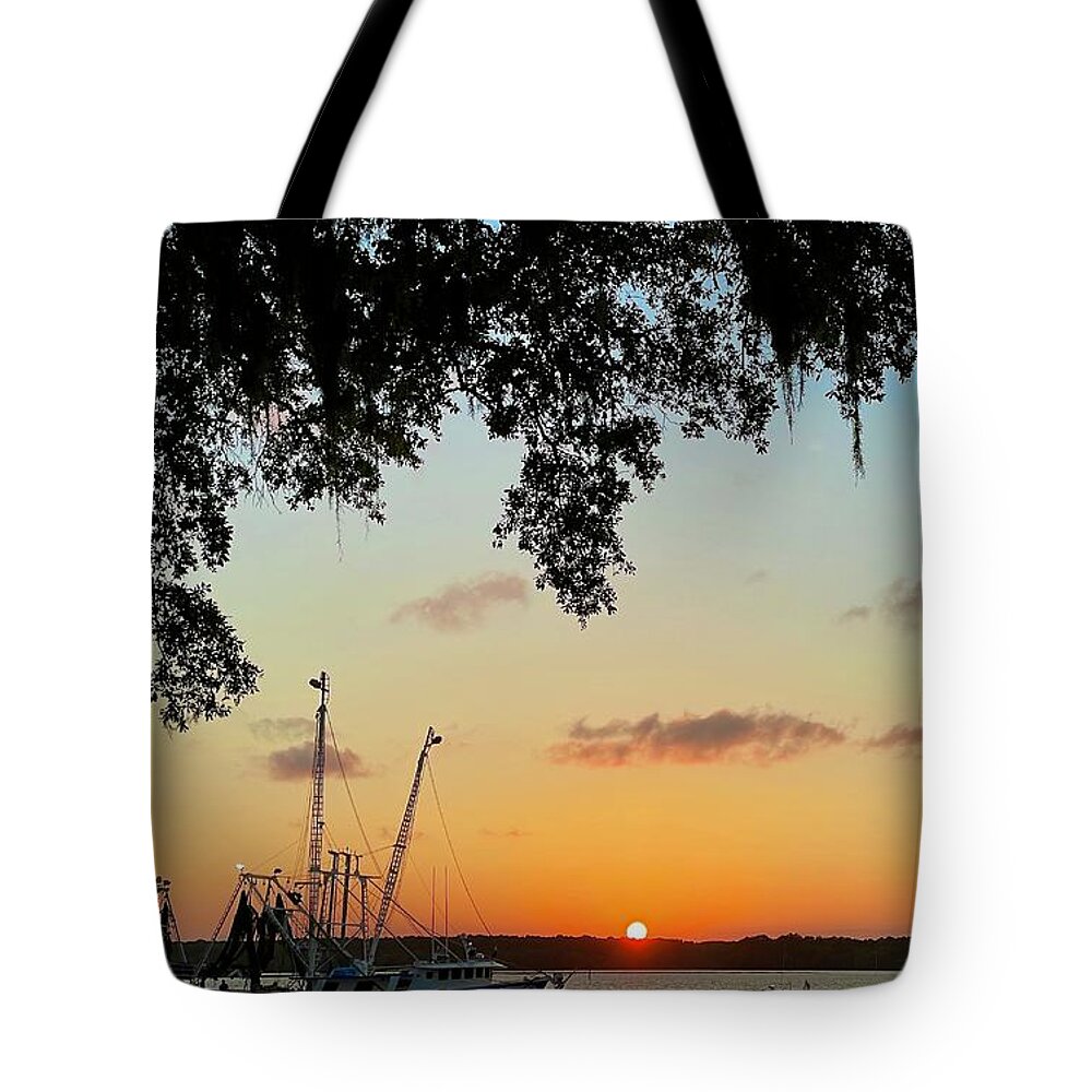 Sunset Tote Bag featuring the photograph Shrimp Boat Sunset #1 by Dennis Schmidt