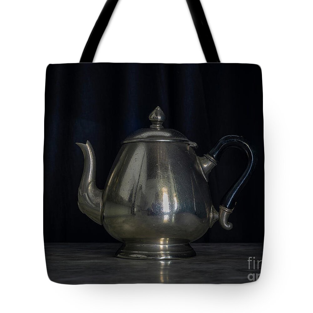 Past Tote Bag featuring the photograph Silver and Brass Teapots Black Background Marble Table #1 by Pablo Avanzini