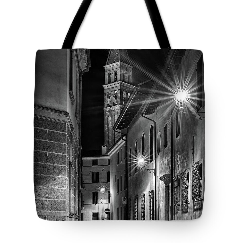 Oderzo Tote Bag featuring the photograph Small street leading to the bell tower #1 by The P