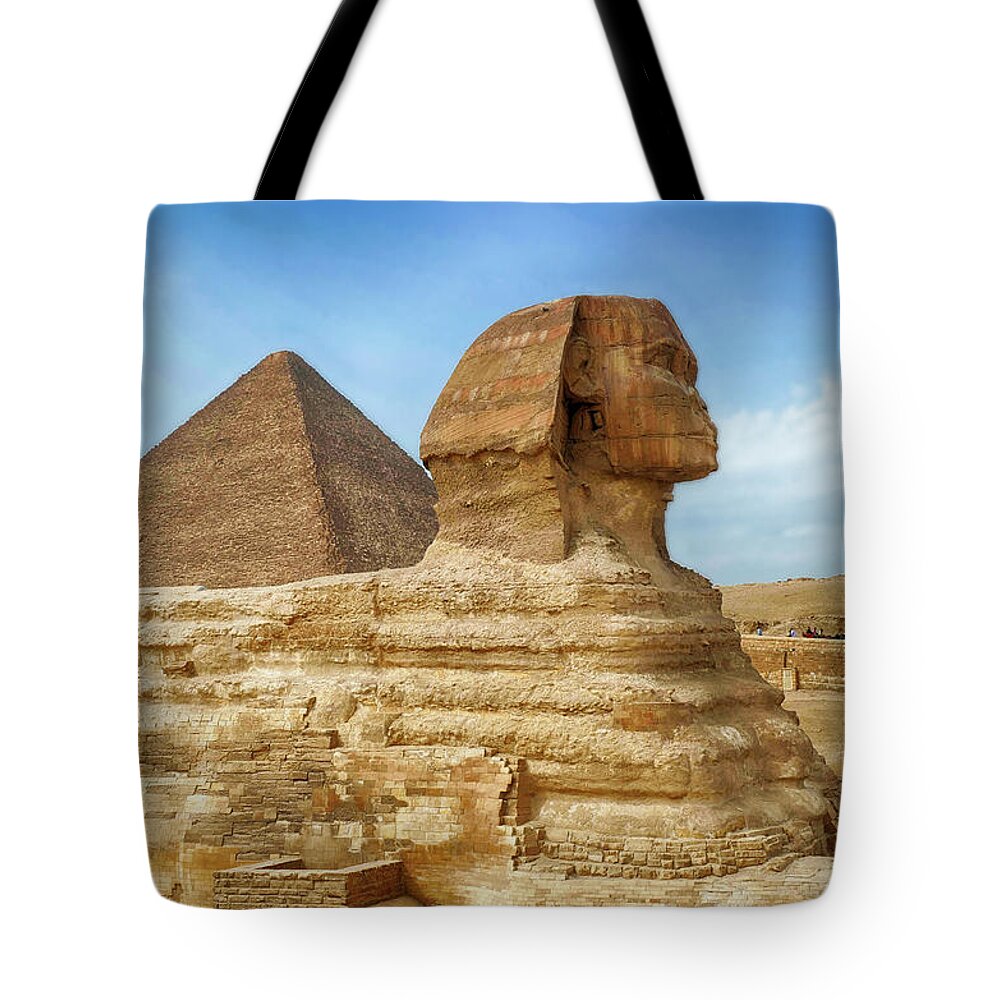 Cheops Tote Bag featuring the photograph Sphinx and the Great pyramid of Khufu #1 by Steve Estvanik