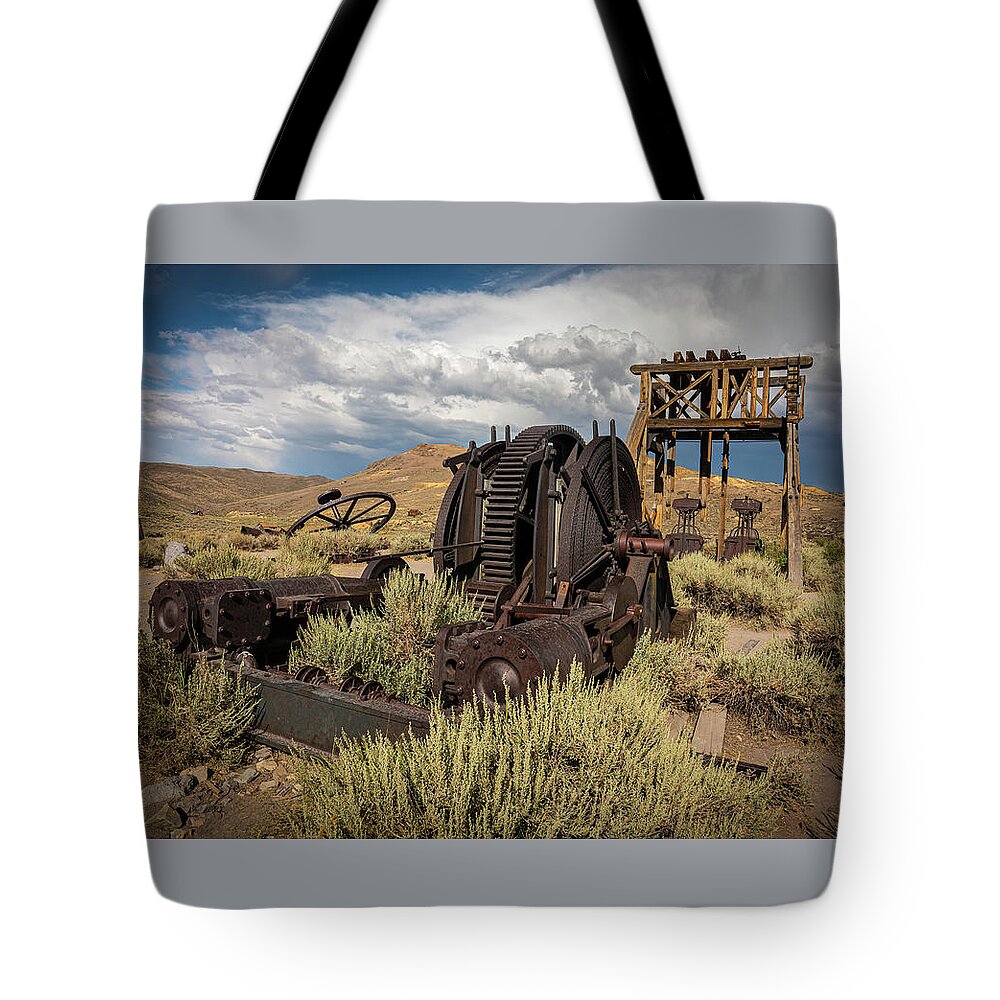 Bodie Tote Bag featuring the photograph Steam Powered Mine Winch in Bodie #1 by Ron Long Ltd Photography