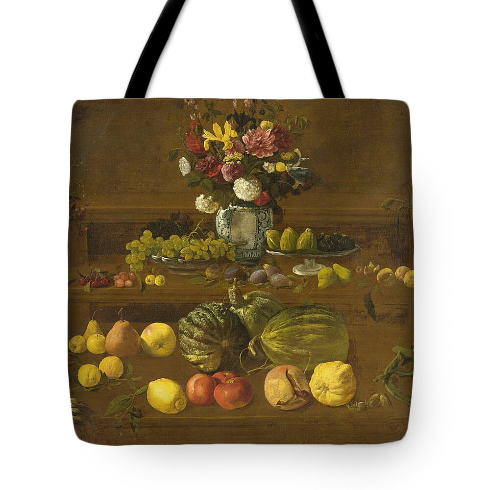 Giovanni Battista Crescenzi Tote Bag featuring the painting Still Life with Flowers Fruit and Vegetables #1 by Giovanni Battista Crescenzi