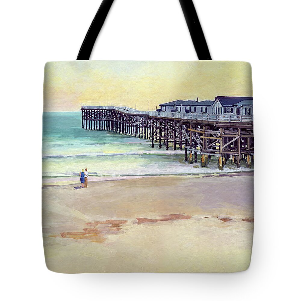 Crystal Pier Tote Bag featuring the painting Crystal Pier at Sunset, Pacific Beach - San Diego, California by Paul Strahm