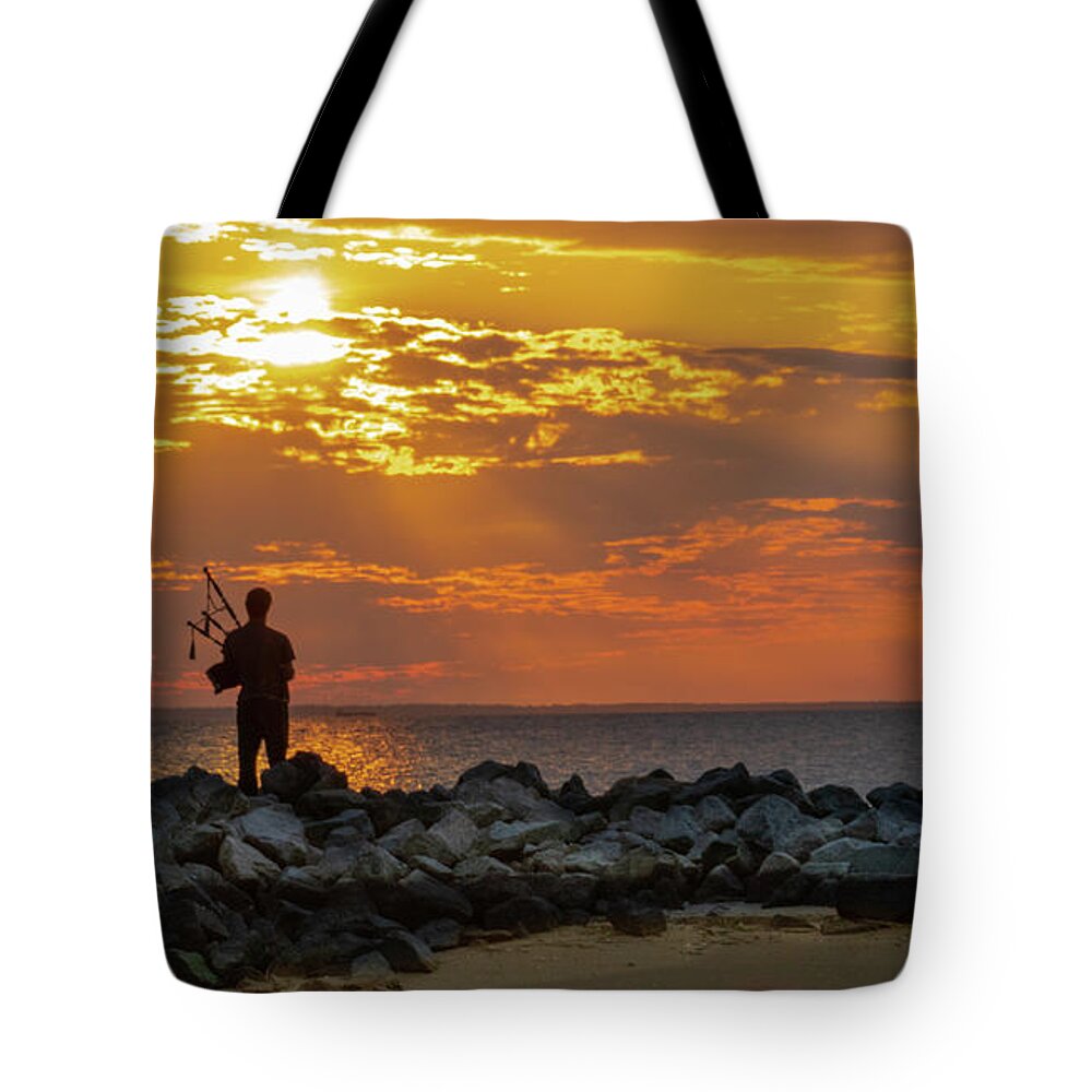 Bagpipes Tote Bag featuring the photograph Sunset Bagpiper #1 by Jerry Gammon