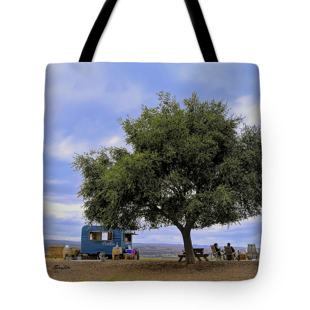 Oak Tree Tote Bag featuring the photograph Tasting Under the Oak Tree at Cambria Winery #1 by Barbara Snyder