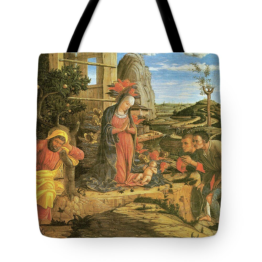 Jesus Tote Bag featuring the painting The Adoration of the Shepherds #1 by Andrea Mantegna