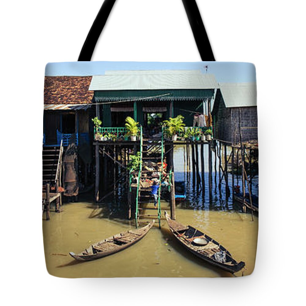 Panoramic Tote Bag featuring the photograph Tonlesap lake cambodia floating village kampong khleang 4 #1 by Sonny Ryse